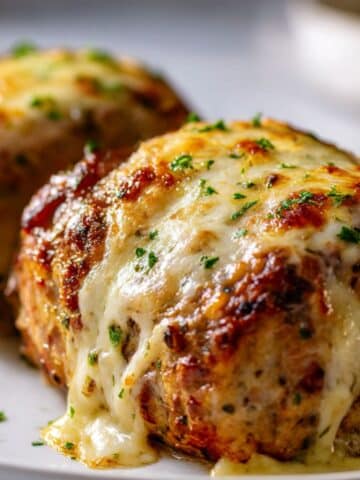 Whole Italian stuffed meatloaf logs topped with melted golden mozzarella cheese, sprinkled with chopped parsley and baked to a rich, golden-brown crust.