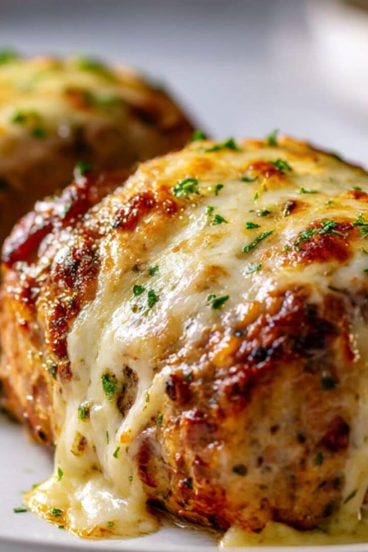 Whole Italian stuffed meatloaf logs topped with melted golden mozzarella cheese, sprinkled with chopped parsley and baked to a rich, golden-brown crust.