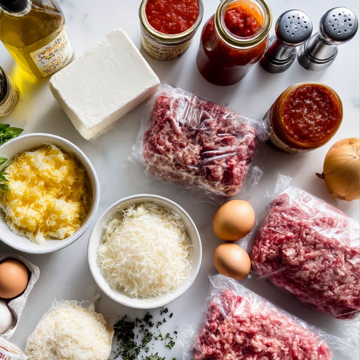 Complete ingredients for Italian stuffed meatloaf including ground beef, mozzarella cheese, and fresh herbs.