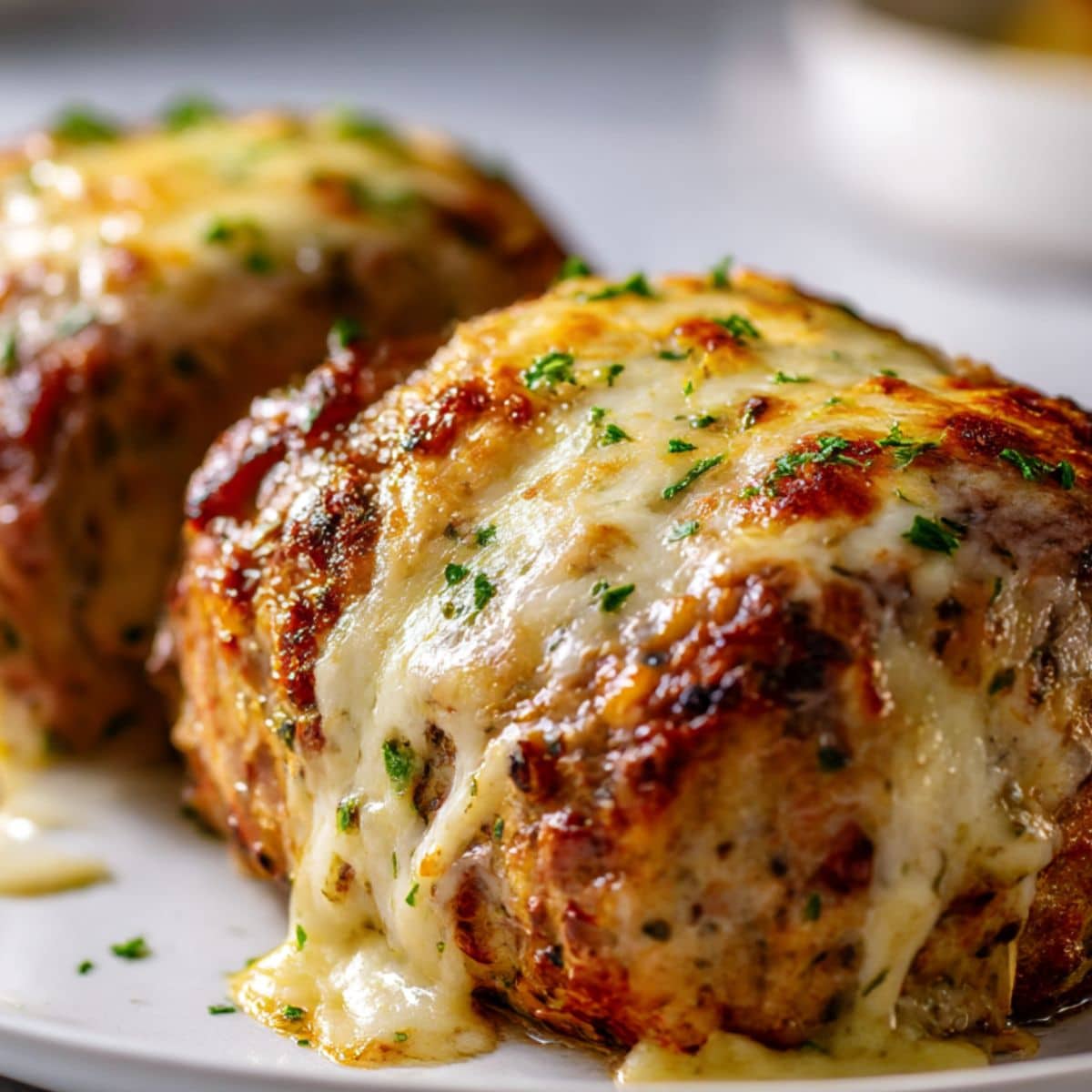 Whole Italian stuffed meatloaf logs topped with melted golden mozzarella cheese, sprinkled with chopped parsley and baked to a rich, golden-brown crust.