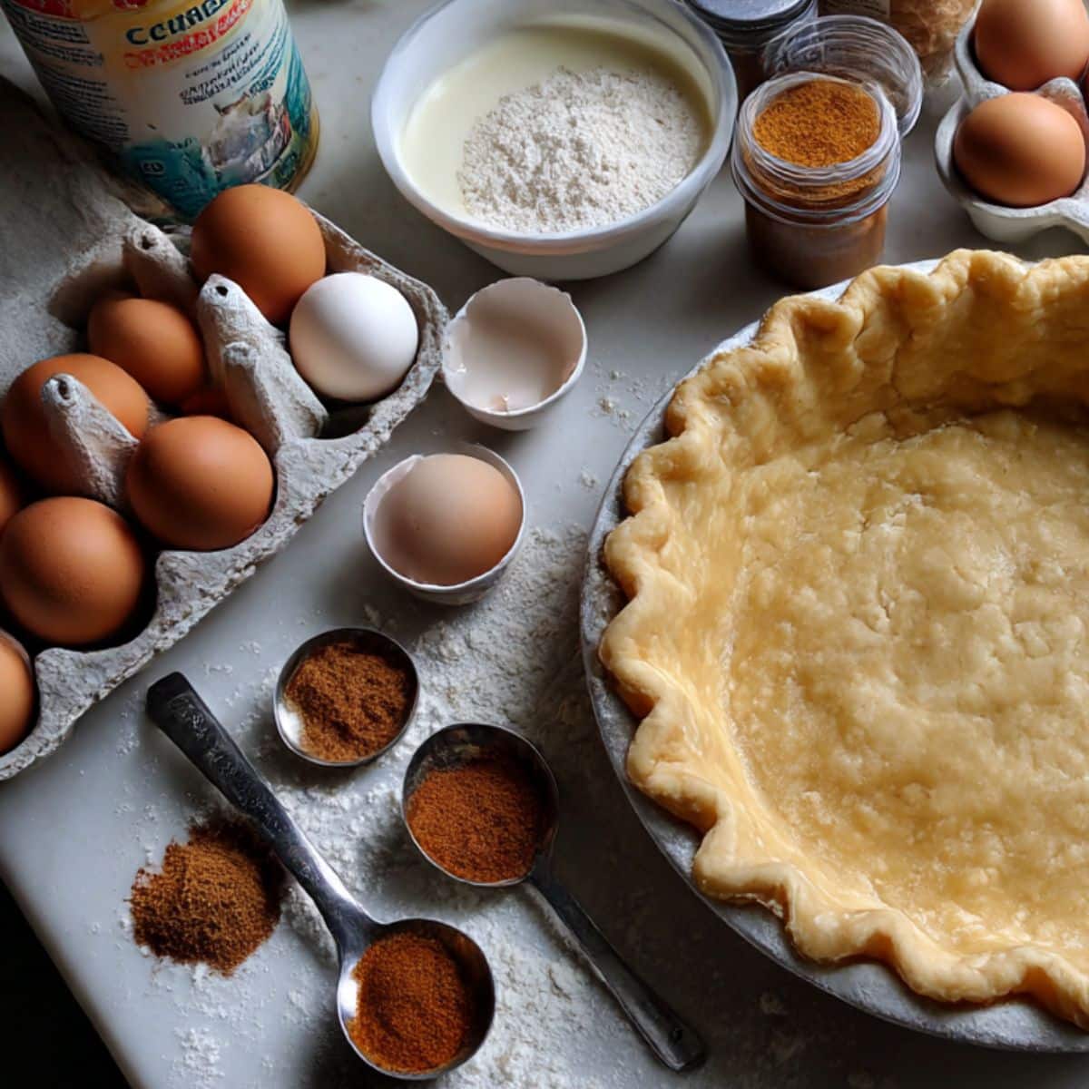 All ingredients for Libby's pumpkin pie recipe including pumpkin puree can, evaporated milk and holiday spices.