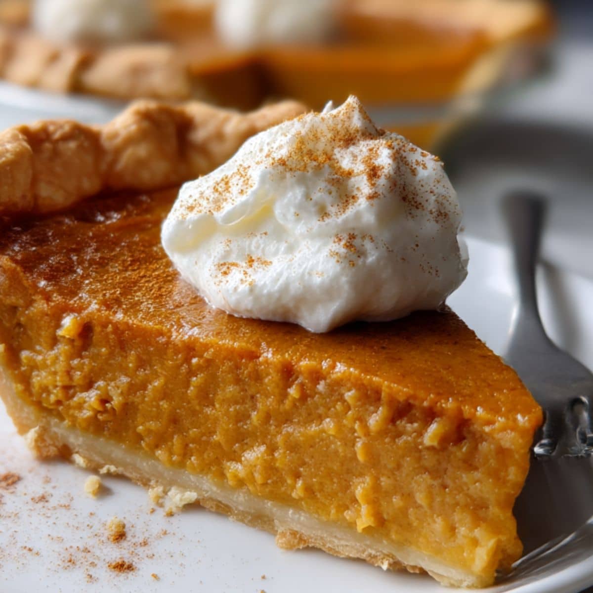 Baked libby's pumpkin pie recipe slice with smooth golden filling and whipped cream dollop on white plate.