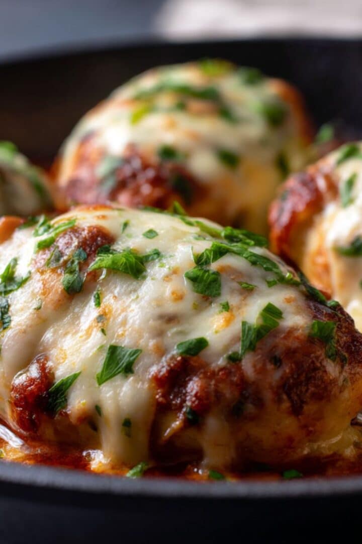 Juicy mozzarella chicken breasts smothered in golden, bubbly melted mozzarella, topped with fresh parsley and nestled in rich tomato sauce.