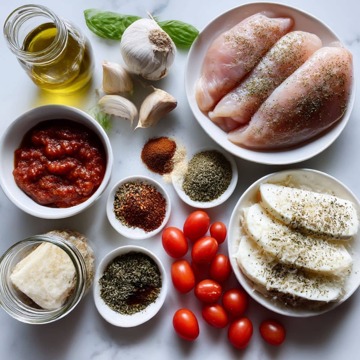 Overhead view of mozzarella chicken ingredients including chicken breasts, mozzarella, marinara, and herbs.