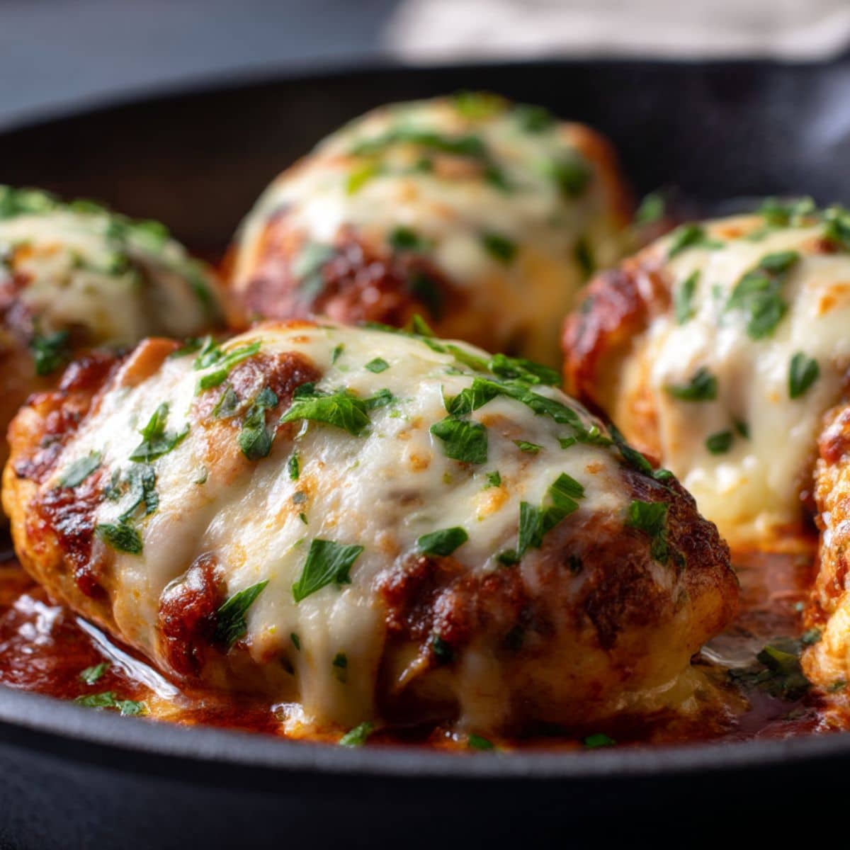 Juicy mozzarella chicken breasts smothered in golden, bubbly melted mozzarella, topped with fresh parsley and nestled in rich tomato sauce.