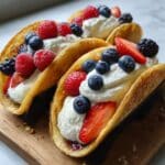 Pancake tacos filled with fresh berries and whipped cream in black taco holders on wooden serving board.