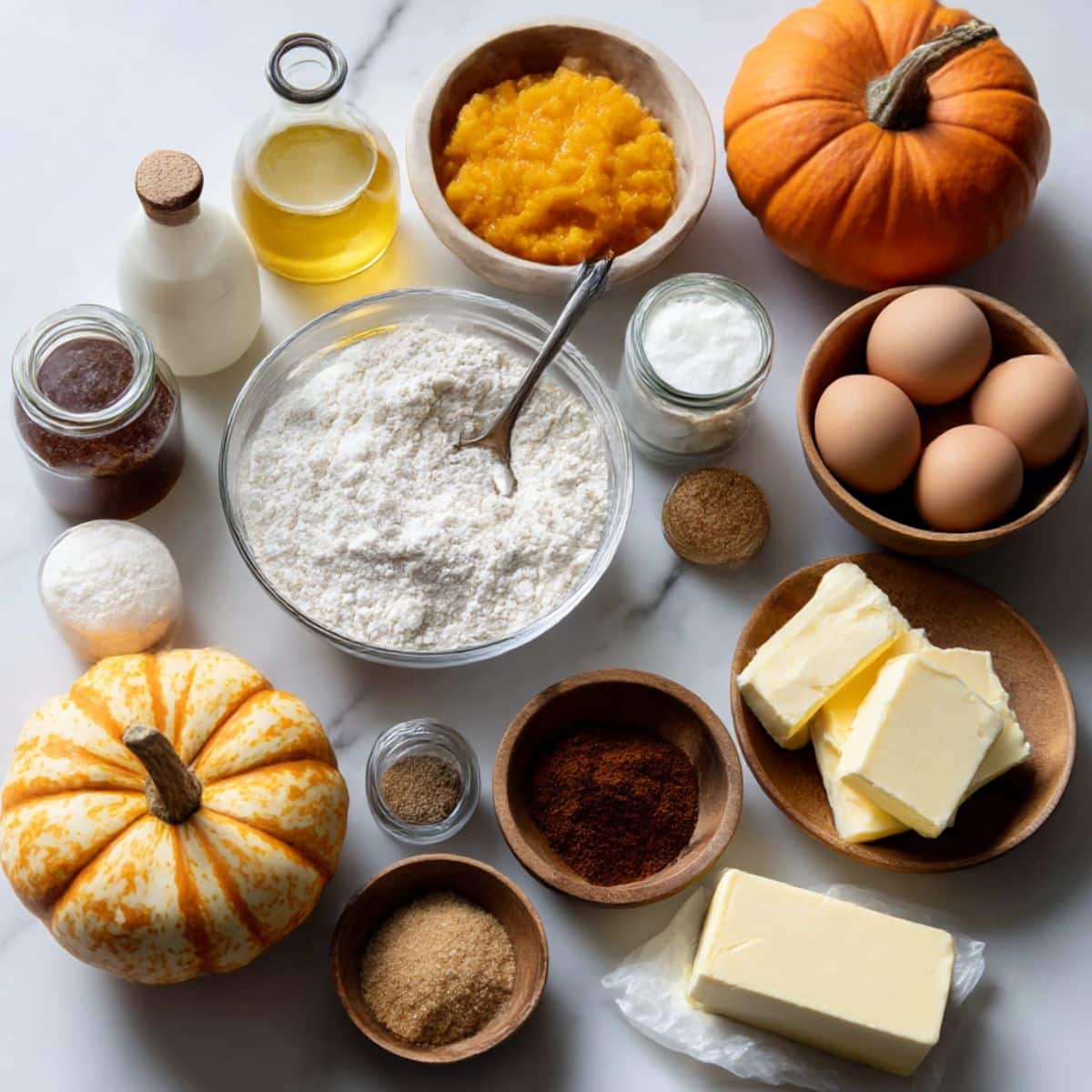 Complete ingredients for pumpkin bars including pumpkin puree, spices, and cream cheese frosting components Essential baking ingredients arranged on kitchen counter for homemade pumpkin spice bars recipe