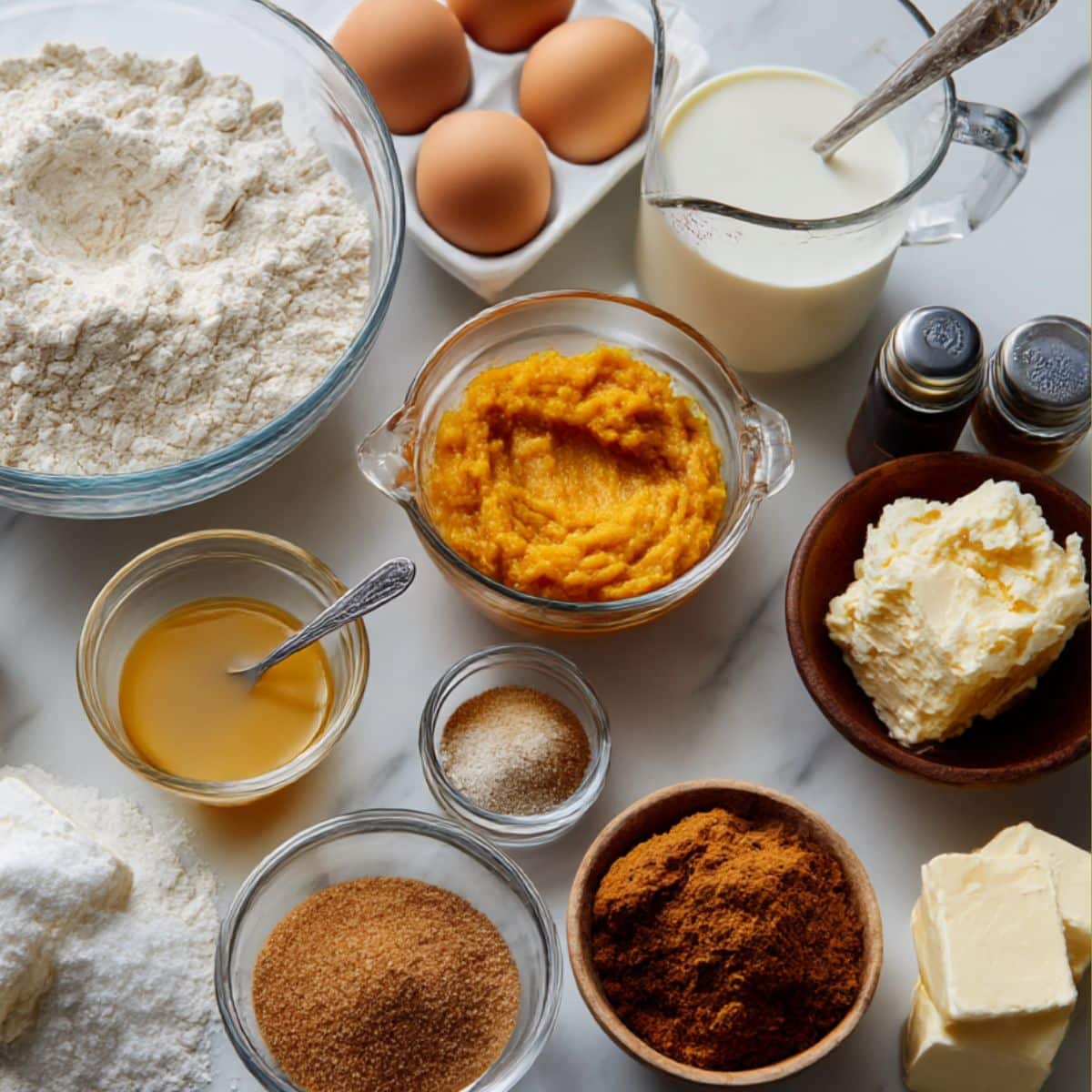 Ingredients for pumpkin cinnamon rolls including yeast, pumpkin puree, and glaze components.