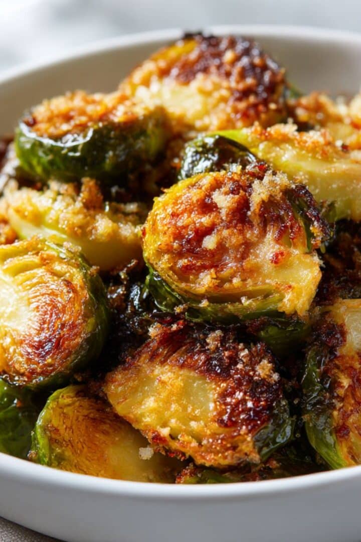 Crispy roasted Brussel sprouts with golden-brown panko crust, glistening with olive oil and topped with sea salt, served in a white bowl with vibrant green and caramelized edges.