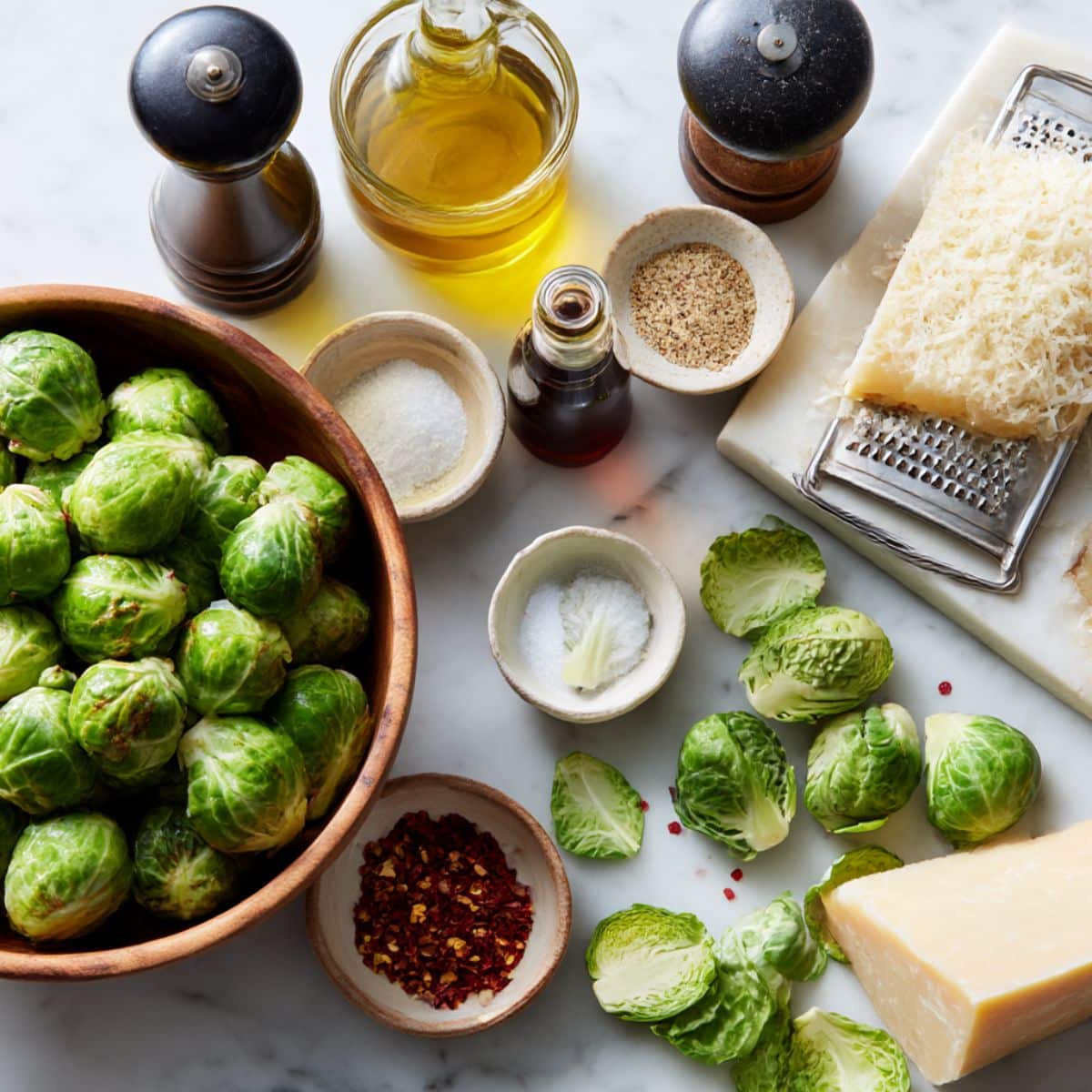 Complete ingredients for roasted brussel sprouts including fresh vegetables, olive oil, and parmesan cheese arranged on kitchen counter for crispy golden brussels sprouts recipe