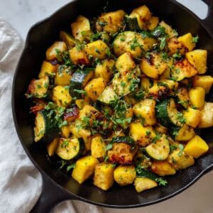 Roasted zucchini and squash in cast iron skillet showing golden-brown caramelized edges and fresh herbs.