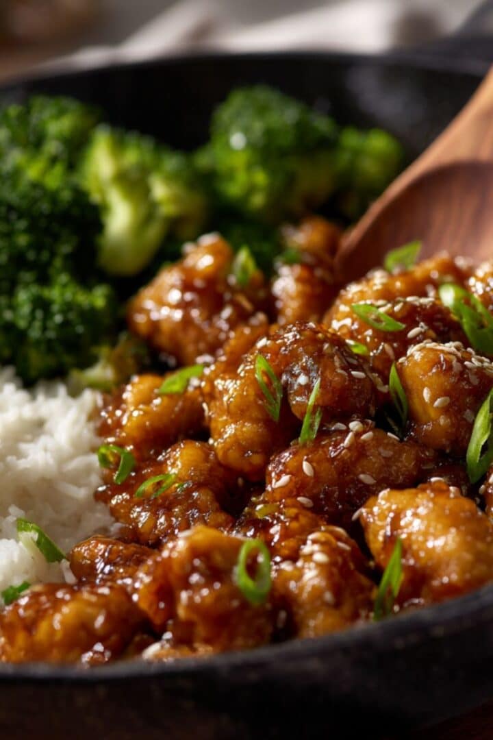 Glossy sesame chicken coated in a rich, sticky soy-garlic glaze, garnished with sesame seeds and sliced green onions, served in a black skillet alongside fluffy white rice and steamed broccoli.