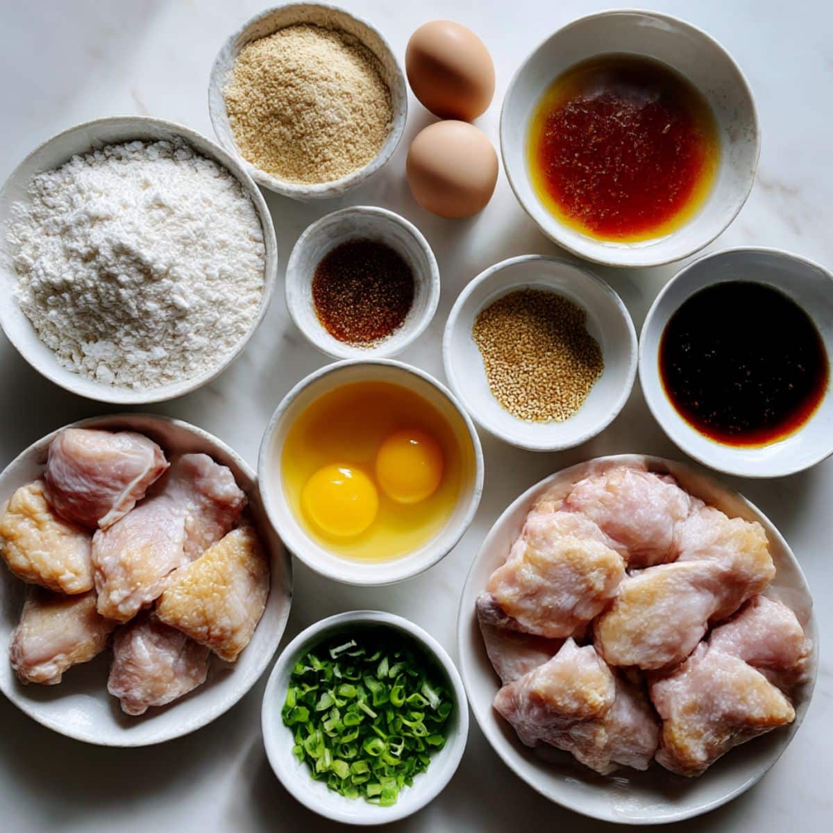Overhead view of sesame chicken ingredients including chicken, honey, soy sauce, ginger, and sesame seeds.