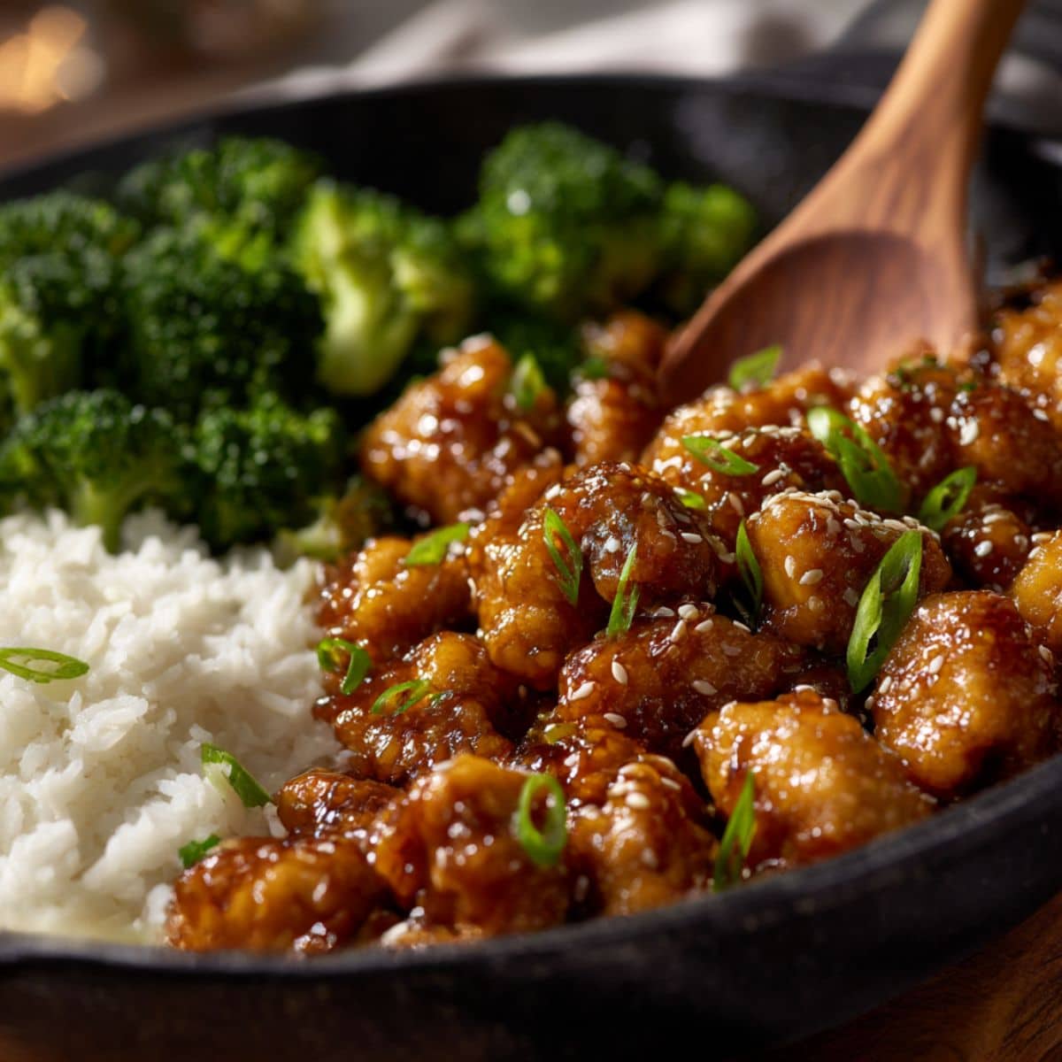 Glossy sesame chicken coated in a rich, sticky soy-garlic glaze, garnished with sesame seeds and sliced green onions, served in a black skillet alongside fluffy white rice and steamed broccoli.