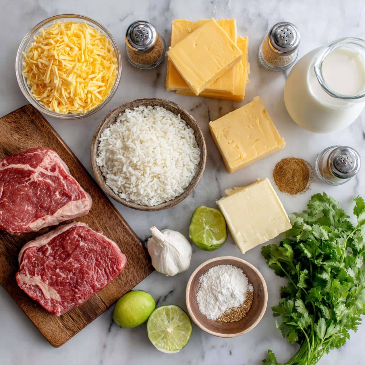 ingredients for steak and queso rice including sirloin steak, cheese, rice, and Mexican spices arranged on kitchen counter for homemade cheesy steak rice bowl recipe.