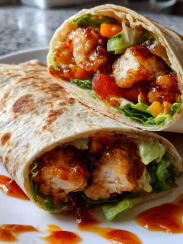 Sweet chili chicken wrap cut in half showing glazed chicken pieces and fresh vegetables in golden tortilla.