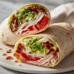 Turkey club wrap cut in half showing layers of deli turkey, bacon, lettuce and tomato in flour tortilla.