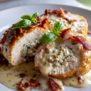 Chicken Rollatini stuffed with herbs and cheese, topped with creamy garlic parmesan sauce and crispy bacon, served on a white plate with fresh basil garnish.