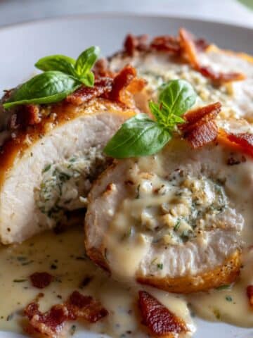 Chicken Rollatini stuffed with herbs and cheese, topped with creamy garlic parmesan sauce and crispy bacon, served on a white plate with fresh basil garnish.