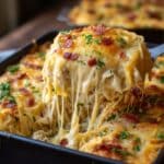 Homemade chicken spaghetti casserole in a black baking dish, topped with golden melted cheese, crispy bacon, and parsley, with a gooey cheese pull revealing creamy spaghetti and shredded chicken inside.