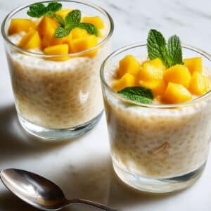 Homemade coconut tapioca pudding in glass bowls topped with fresh mango chunks and mint leaves on kitchen counter.