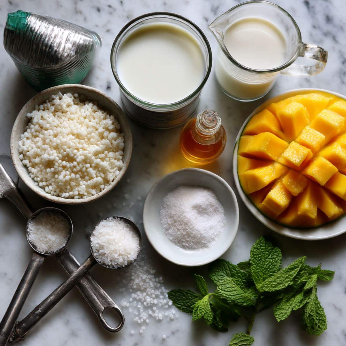 All ingredients for coconut tapioca pudding including small pearl tapioca, coconut milk, fresh mango and mint.