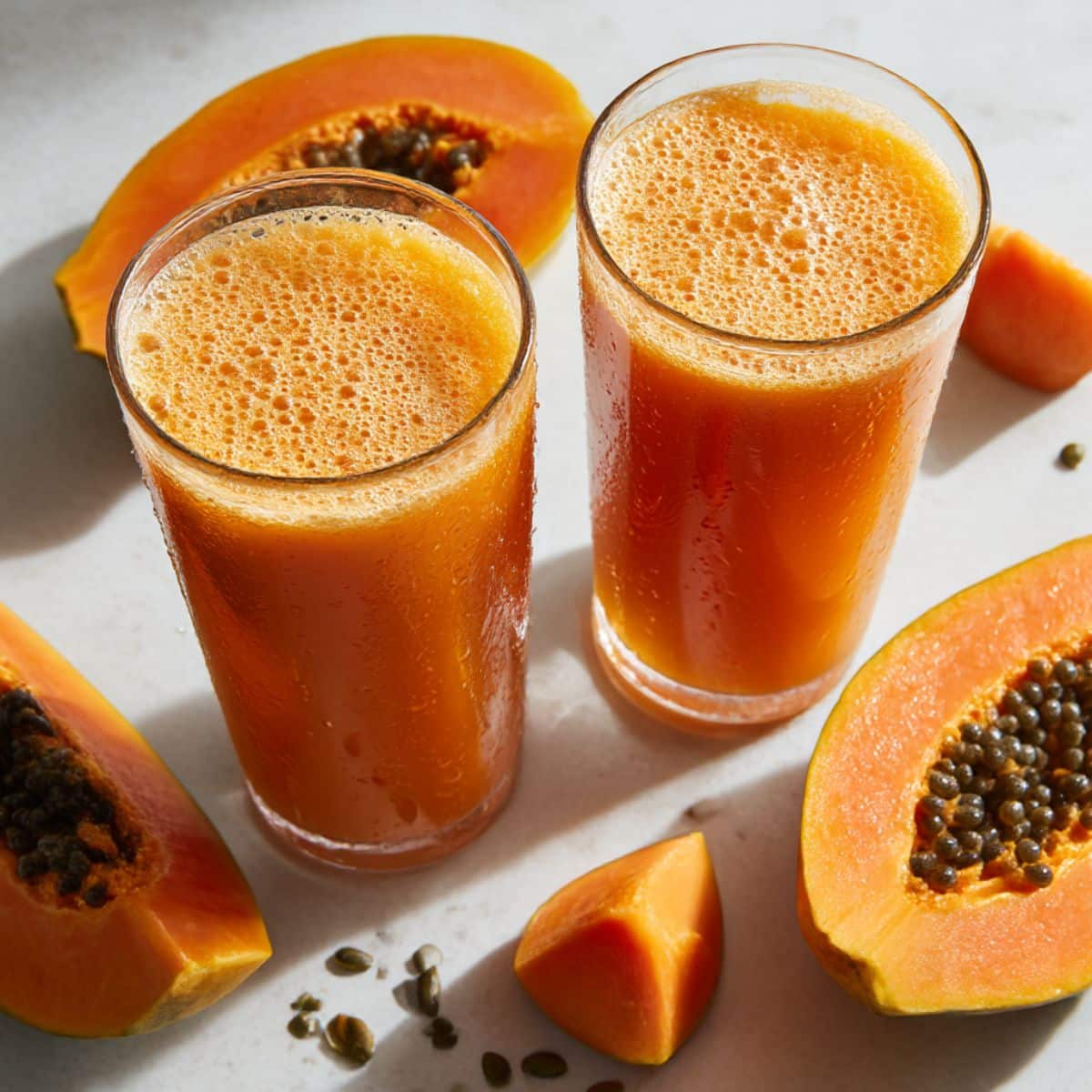 Two glasses of fresh homemade papaya juice with vibrant orange color and natural foam bubbles.