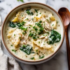 White lasagna soup with creamy broth, chicken, pasta, and melted cheese in rustic bowl.