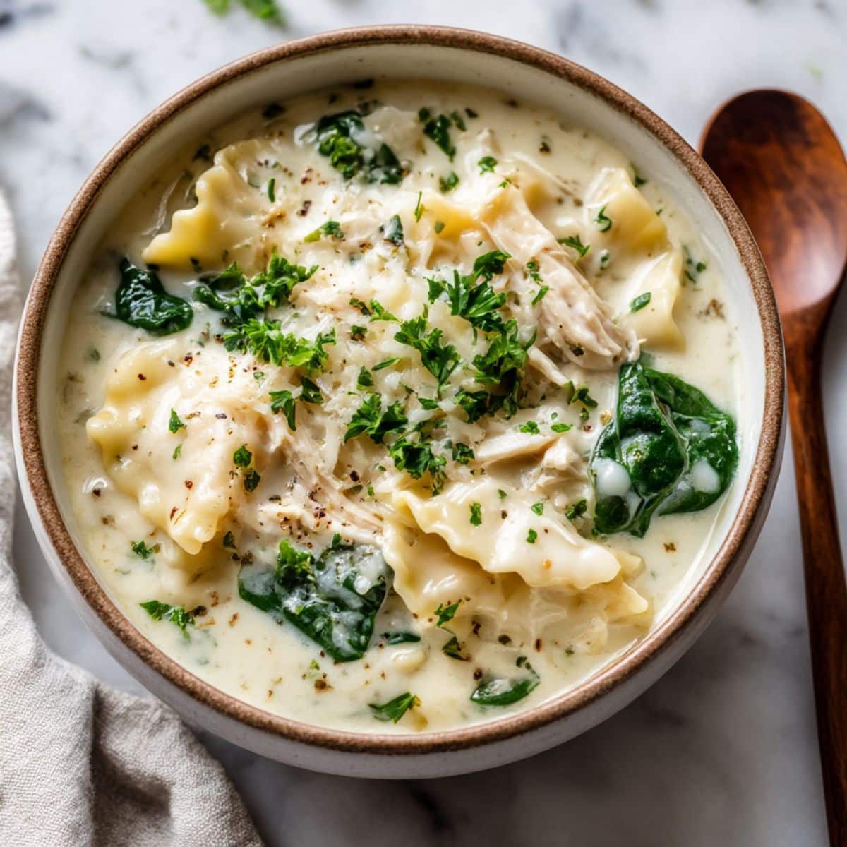 White lasagna soup with creamy broth, chicken, pasta, and melted cheese in rustic bowl.