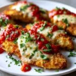 Crispy air fryer chicken parmesan topped with marinara, melted cheese, and fresh parsley.