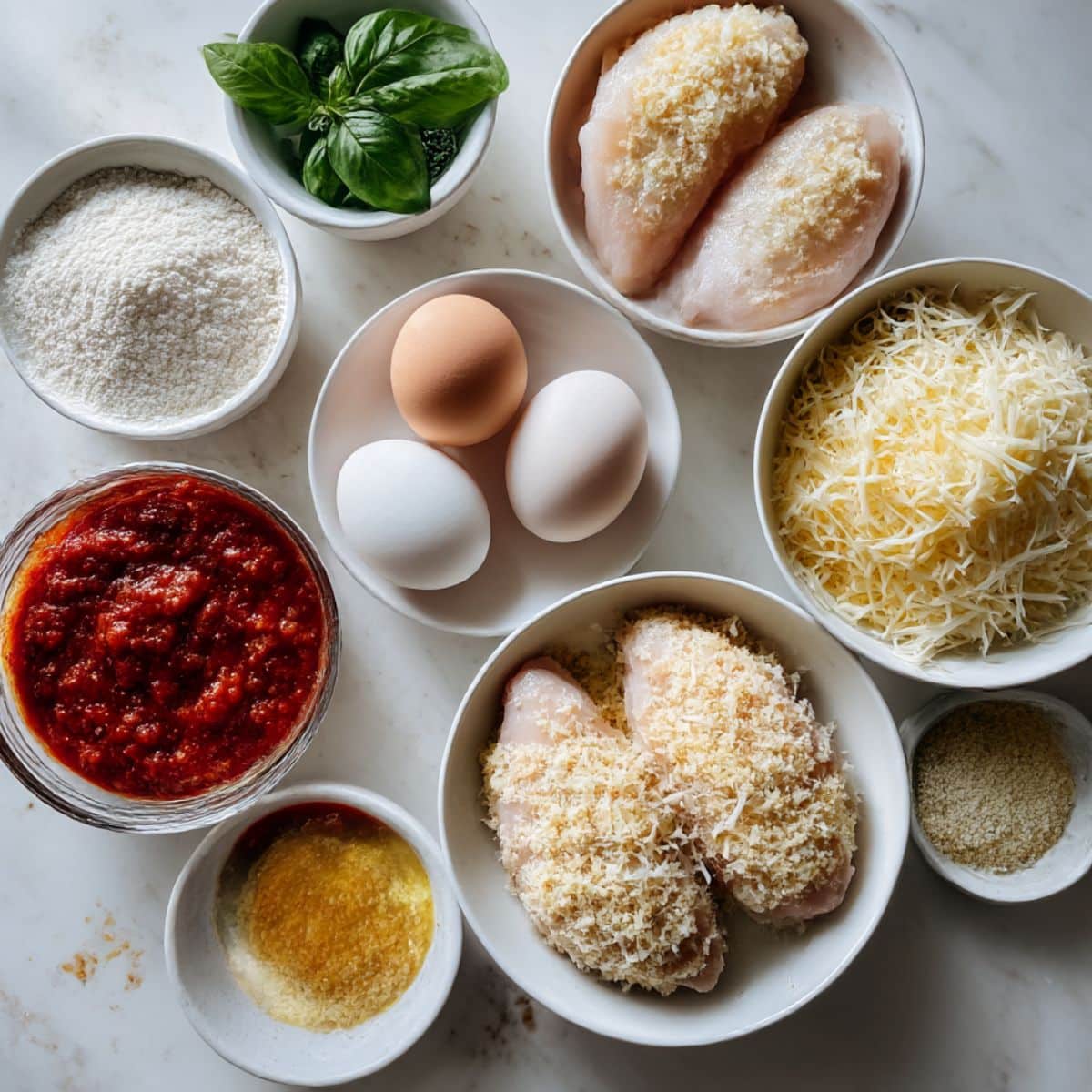 Overhead shot of air fryer chicken parmesan ingredients on a white kitchen counter.