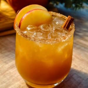 Apple cider margarita with cinnamon sugar rim, apple slices, and cinnamon stick served over ice in a glass.