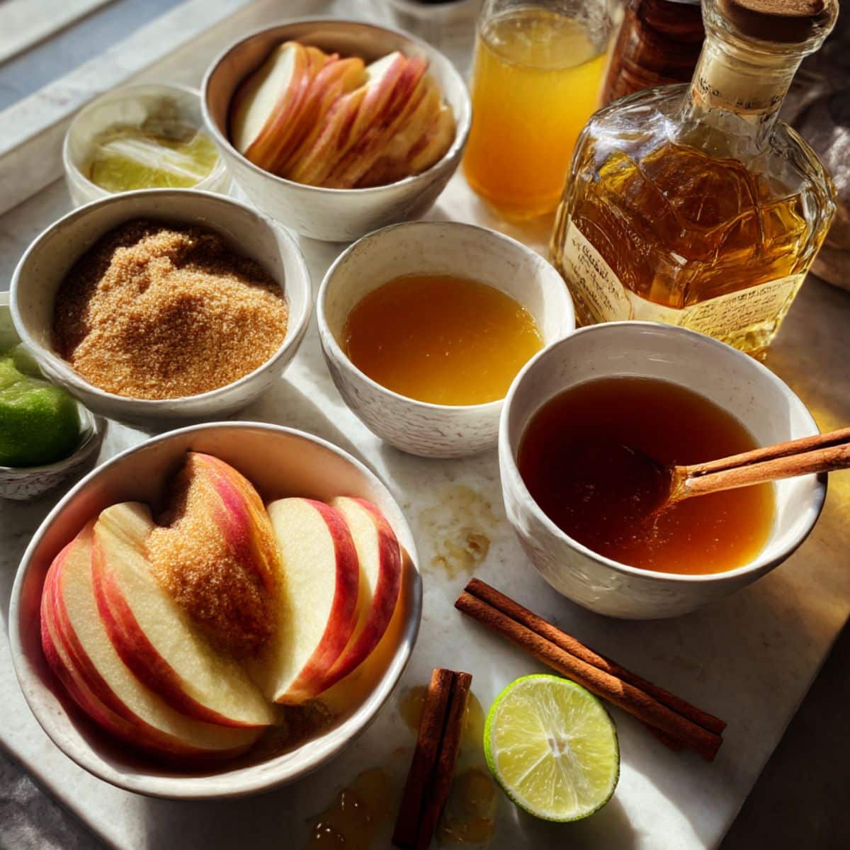 All ingredients for homemade apple cider margarita on a white counter, including tequila, cider, lime, and cinnamon.