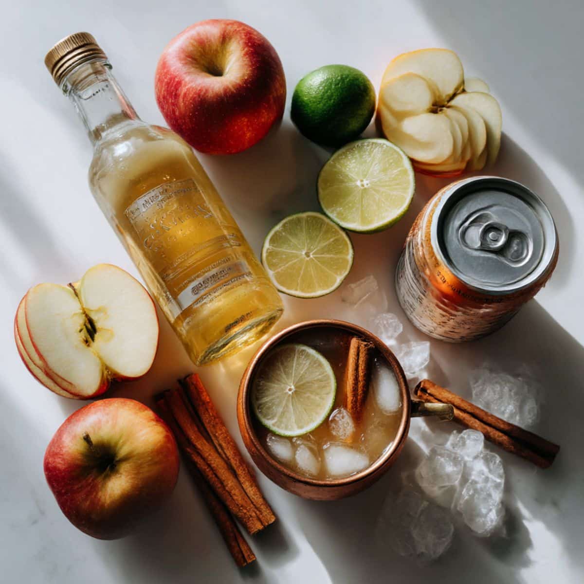 ngredients for apple cider Moscow Mule including vodka, apple cider, ginger beer, lime, apples, and cinnamon on a white kitchen counter.