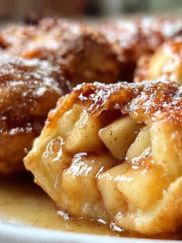 Warm apple pie bombs with gooey cinnamon apple filling inside crispy golden biscuit dough.