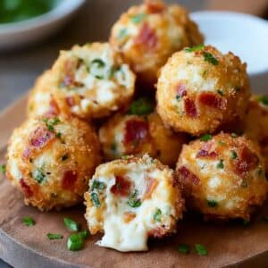 Crispy bacon jalapeño popper cheese balls with creamy melted cheese and fresh herbs inside.