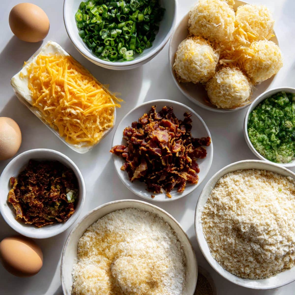 Overhead shot of bacon jalapeño popper cheese ball ingredients including cream cheese, cheddar, bacon, and jalapeños.