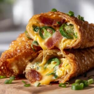 Crispy bacon jalapeño popper eggrolls filled with melted cheese, fresh jalapeños, and bacon pieces.