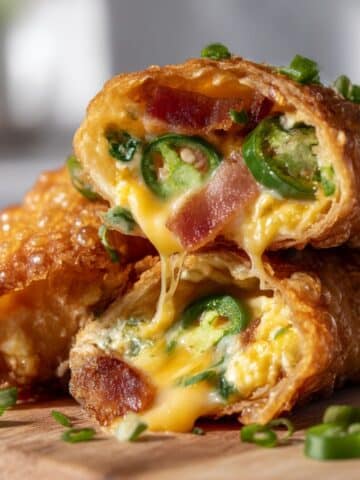 Crispy bacon jalapeño popper eggrolls filled with melted cheese, fresh jalapeños, and bacon pieces.