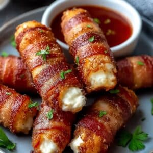 Crispy bacon wrapped mozzarella sticks served with marinara dipping sauce.