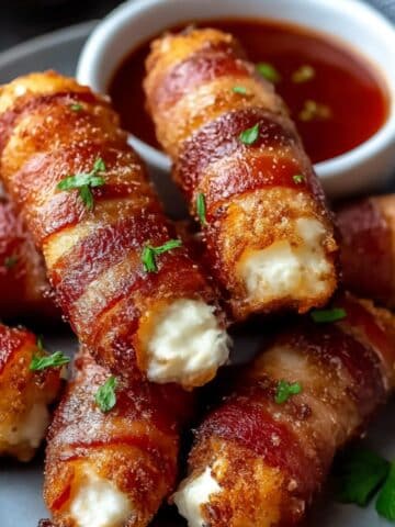 Crispy bacon wrapped mozzarella sticks served with marinara dipping sauce.
