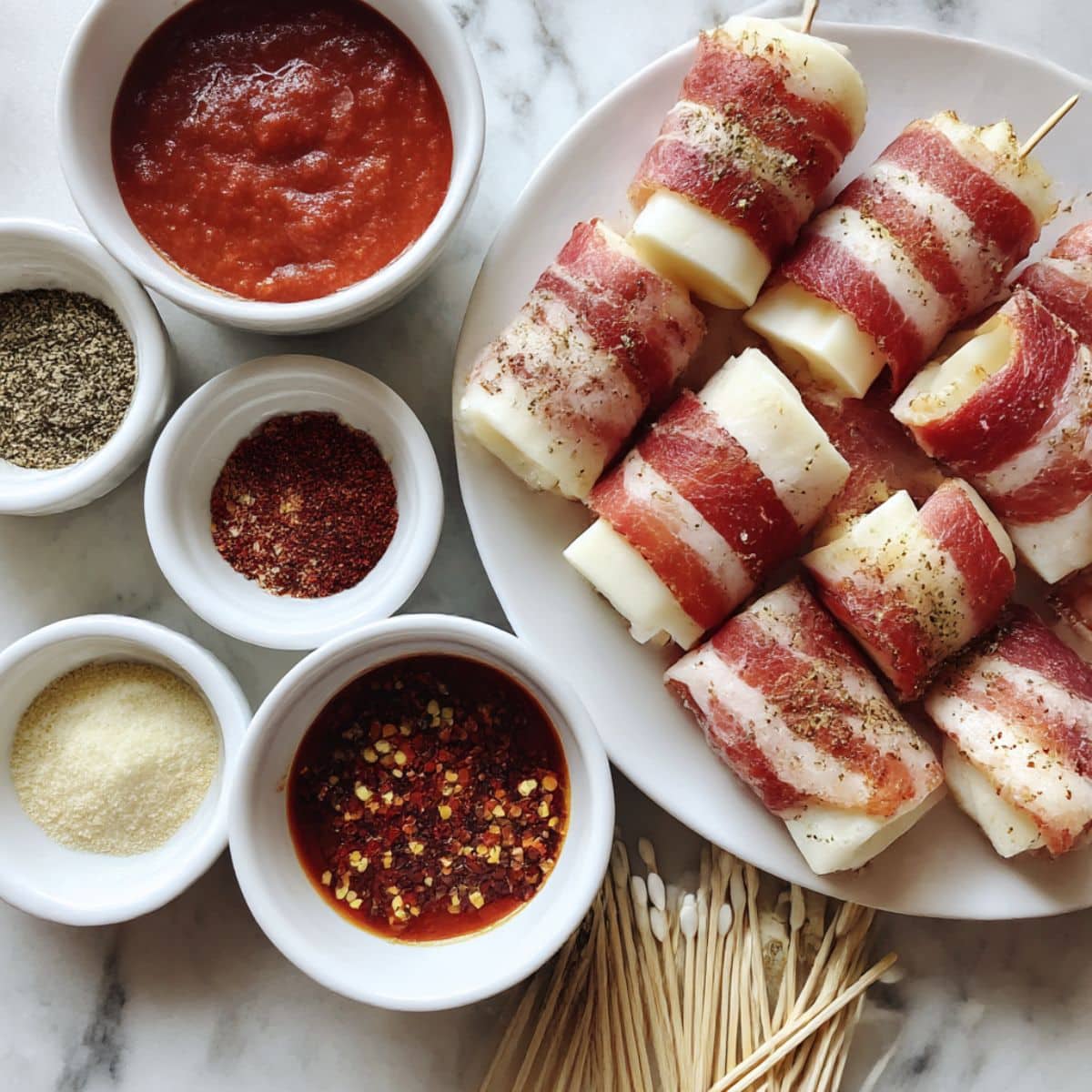 Overhead photo of mozzarella cheese sticks, bacon, and spices on white kitchen counter.