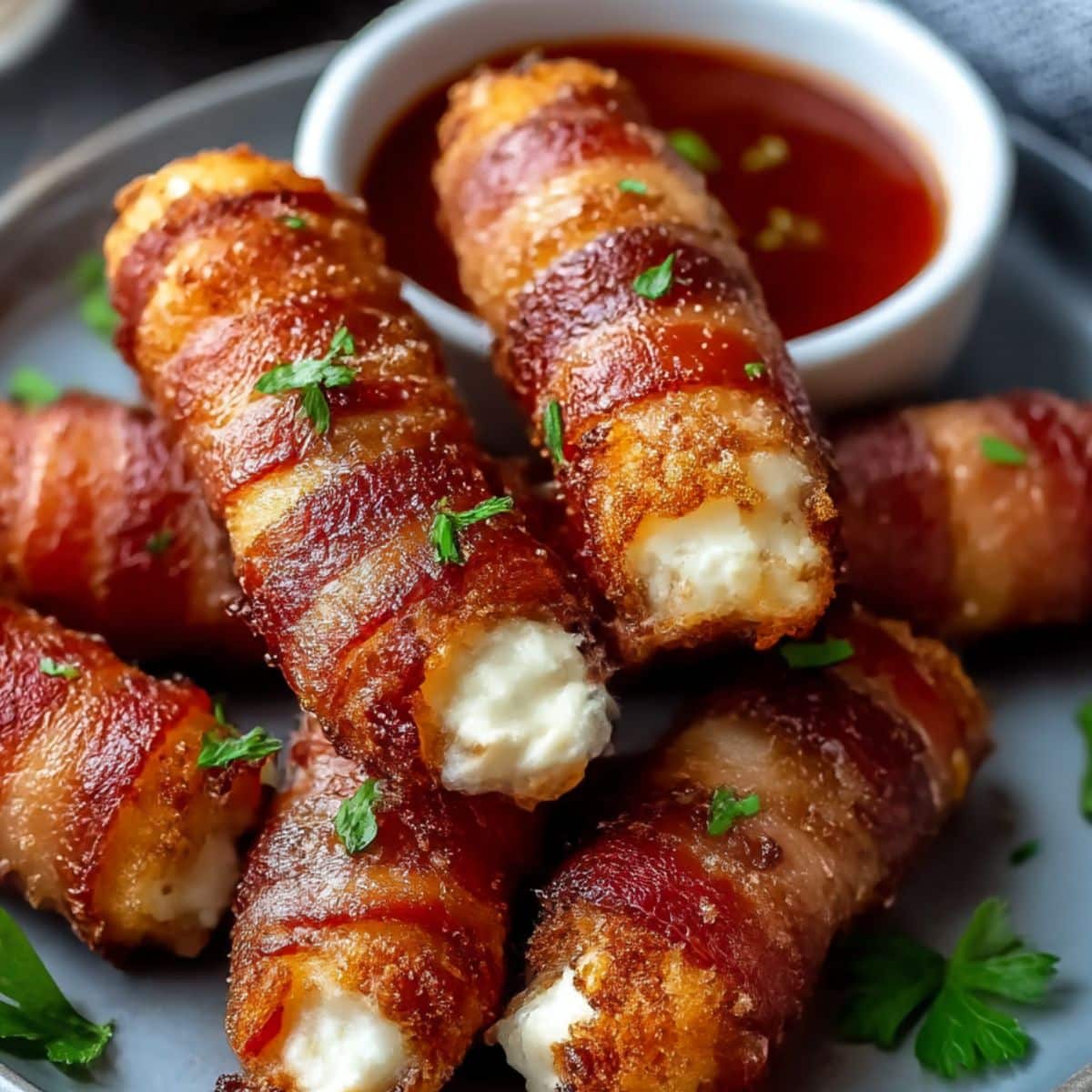 Crispy bacon wrapped mozzarella sticks served with marinara dipping sauce.