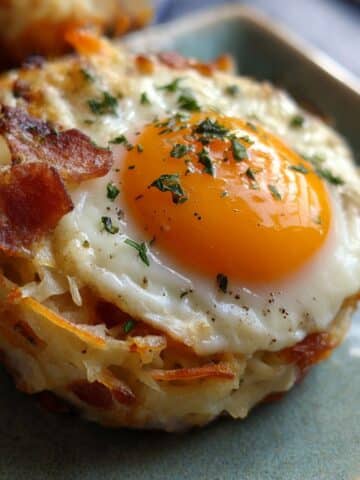 Baked eggs napoleon with golden potato layers, melted cheese, and runny egg yolk topped with herbs on a plate.