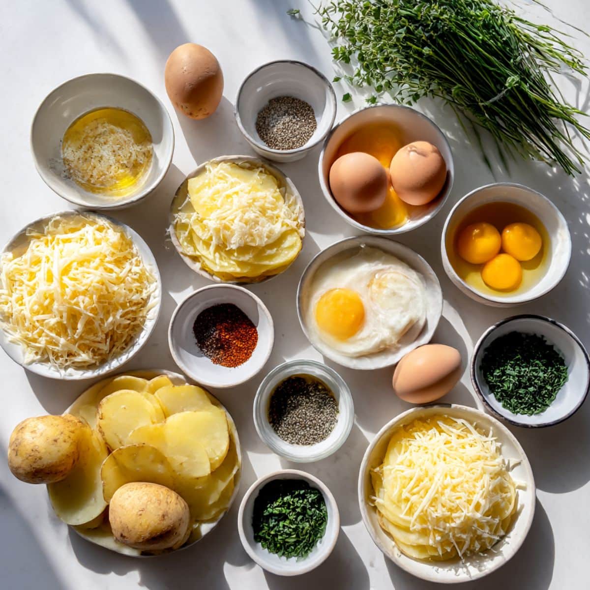 Overhead photo of Yukon gold potatoes, eggs, cheese, herbs, and spices arranged naturally for baked eggs napoleon on white counter.