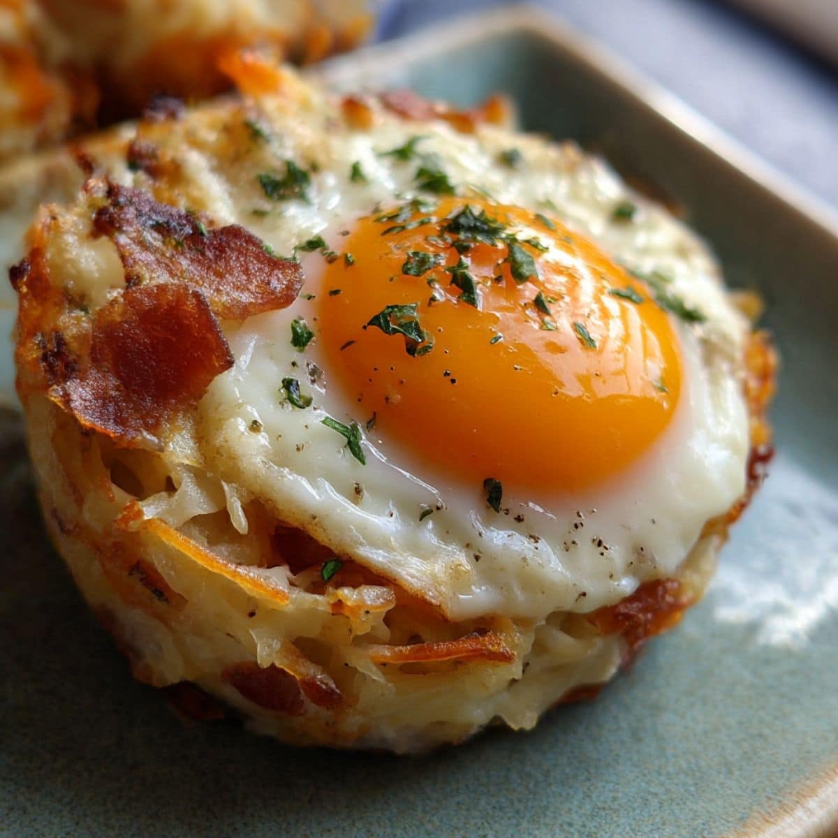 Baked eggs napoleon with golden potato layers, melted cheese, and runny egg yolk topped with herbs on a plate.