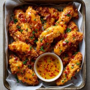 crispy Bang Bang Chicken tenders in a rustic tray, glazed with glossy spicy sauce, garnished with parsley, and served with a creamy chili dipping sauce in a ramekin.