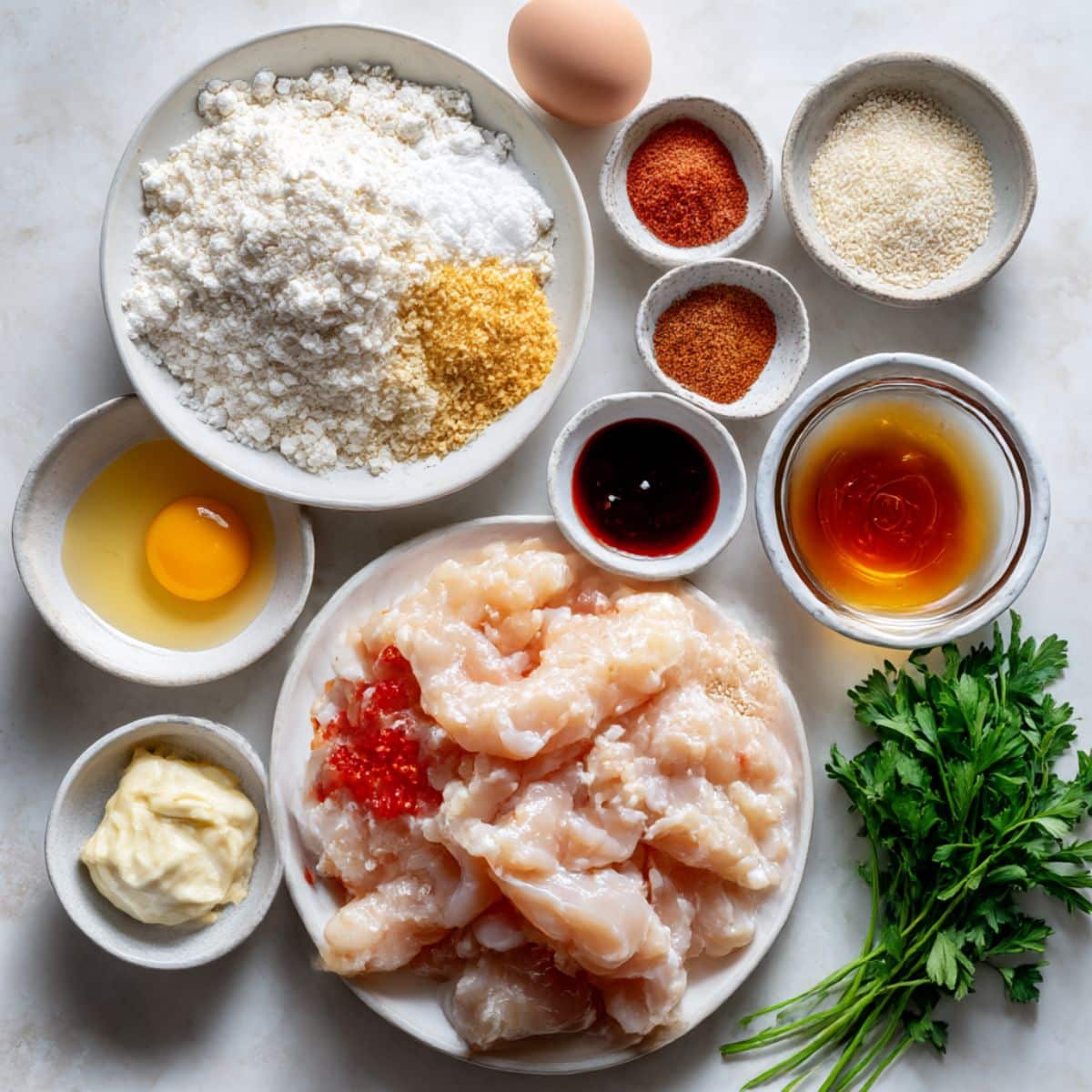 All ingredients for homemade bang bang chicken on a white kitchen counter, including chicken, eggs, flour, panko, spices, mayo, chili sauce, and herbs.