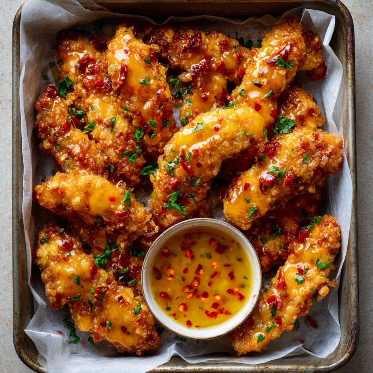 crispy Bang Bang Chicken tenders in a rustic tray, glazed with glossy spicy sauce, garnished with parsley, and served with a creamy chili dipping sauce in a ramekin.