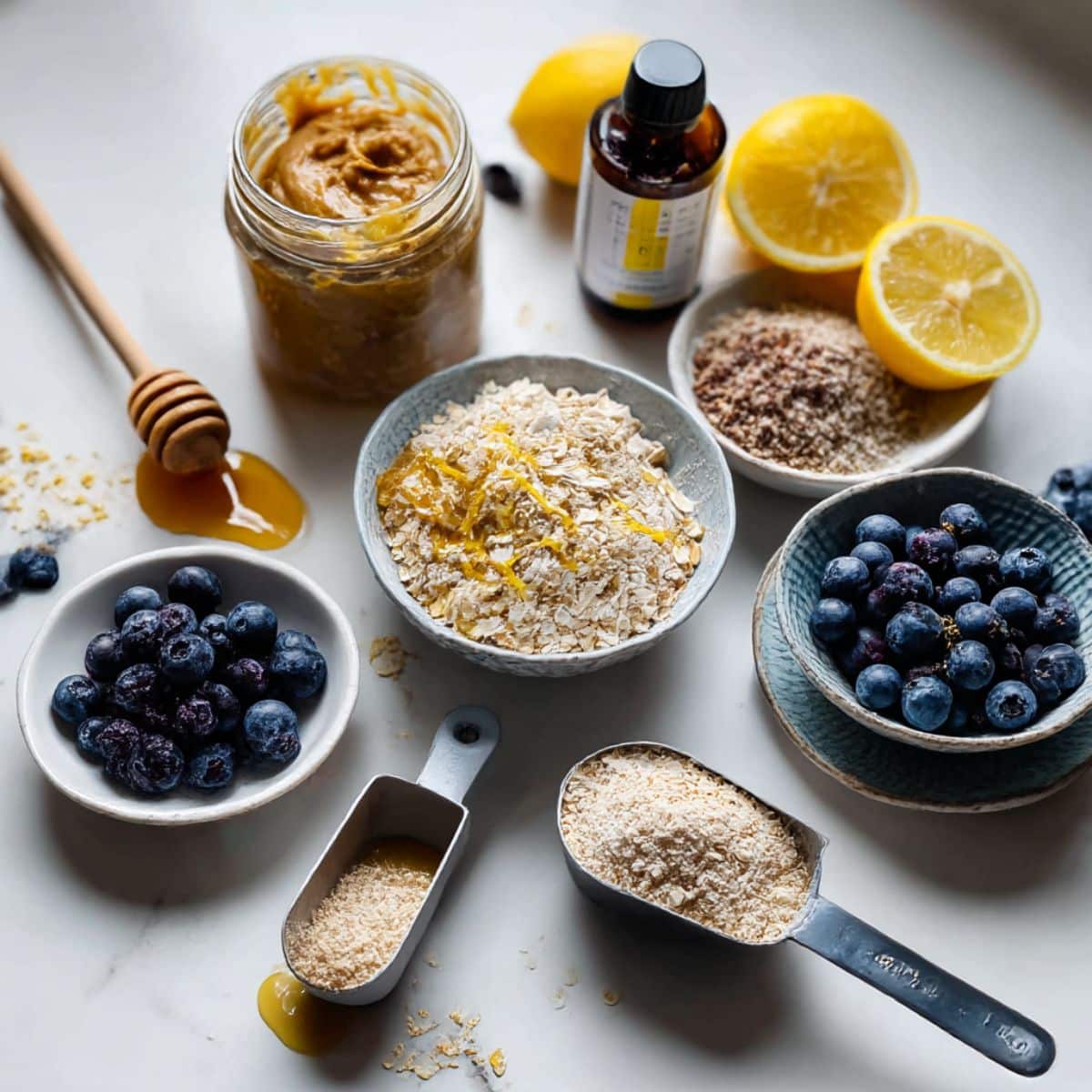 Ingredients for blueberry protein balls including oats, almond butter, protein powder, honey, and blueberries on a white kitchen counter.